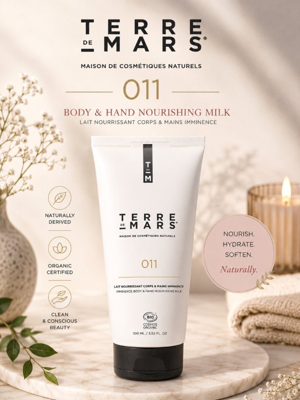 Terre de Mars 011 Body & Hand Nourishing Milk 3.52 oz Organic French Body Lotion